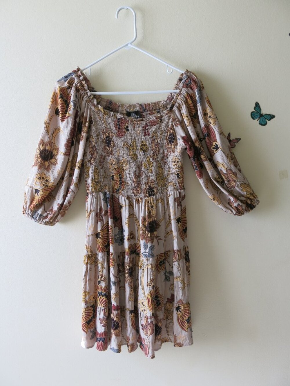 Angie Floral Bohemian Cottage Core Baby Doll Rayon Puff Sleves Dress Size M